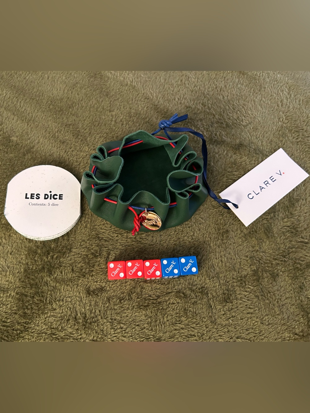 NWT Clare V. Les Dice Set & Evergreen Leather Pouch - Brand New!